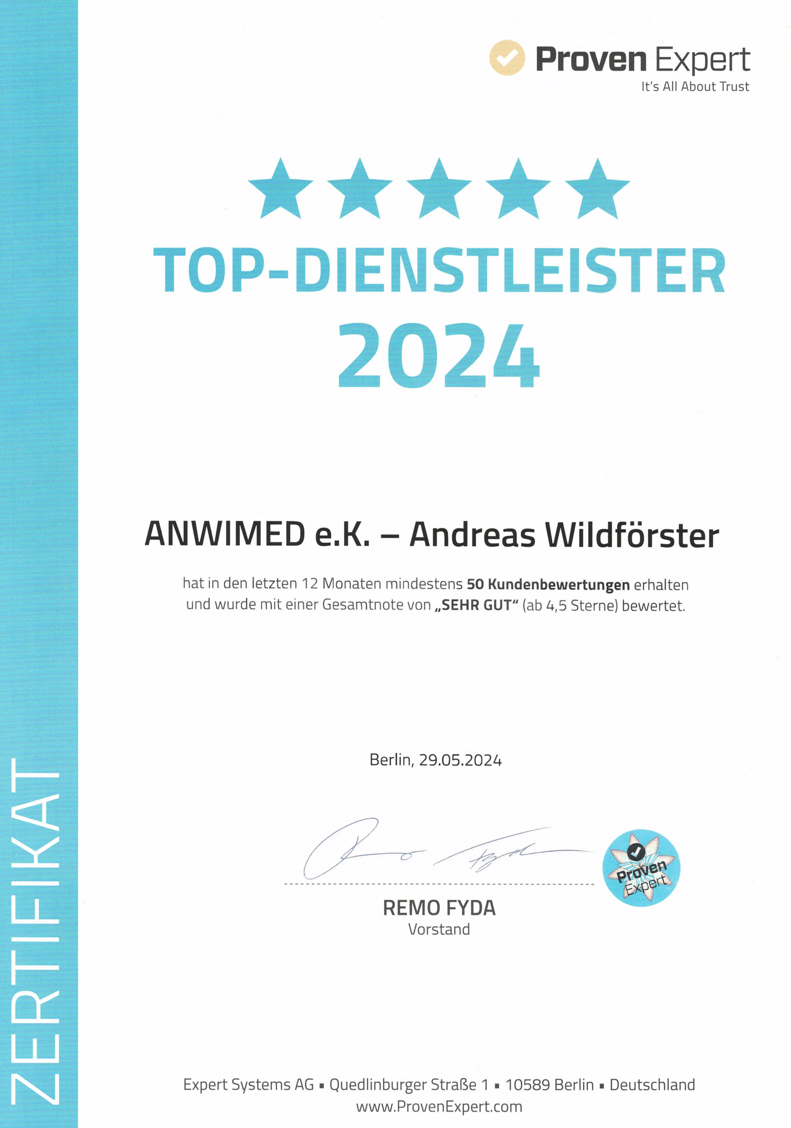 TOP Dienstleister 2024 Siegel für ANWIMED